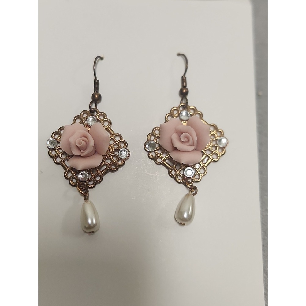 1928 Jewelry Gold Tone Porcelain Pink Rose & Pearl Drop Earrings